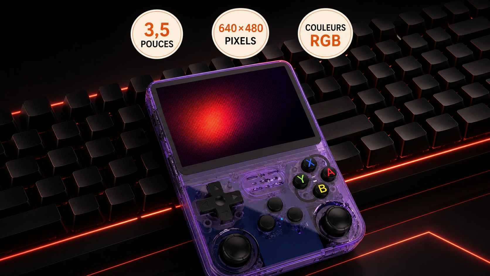 Console portable avec écran IPS, commandes et caractéristiques 3,5 pouces, 640 × 480 pixels et couleurs RGB