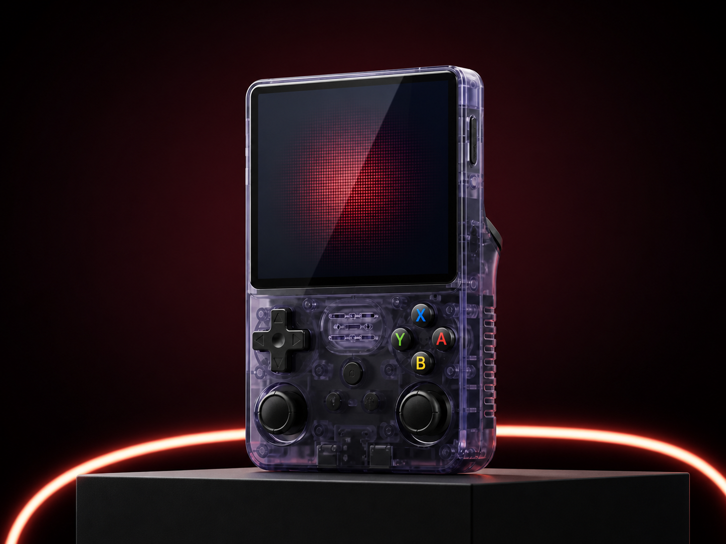 Console portable transparente présentée sur un socle noir dans une ambiance arcade rouge et néon